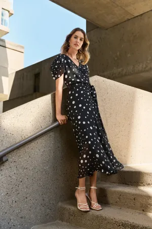 Black/Vanilla Chiffon Dot Print Wrap Dress Style 251907