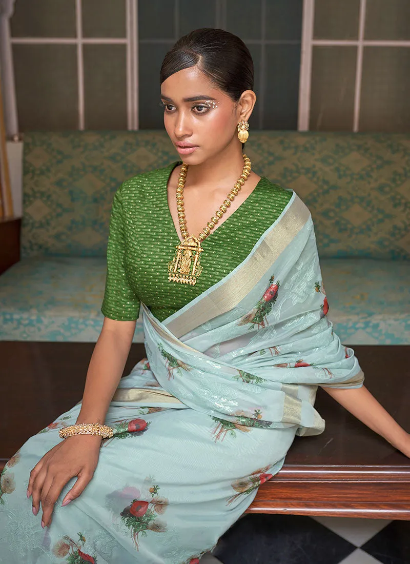 Blue And Green Floral Organza Silk Saree With Sequence Embroidered Blouse