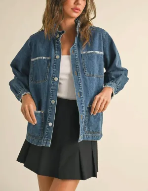Blue Belle Stitch Ruffled Denim Jacket