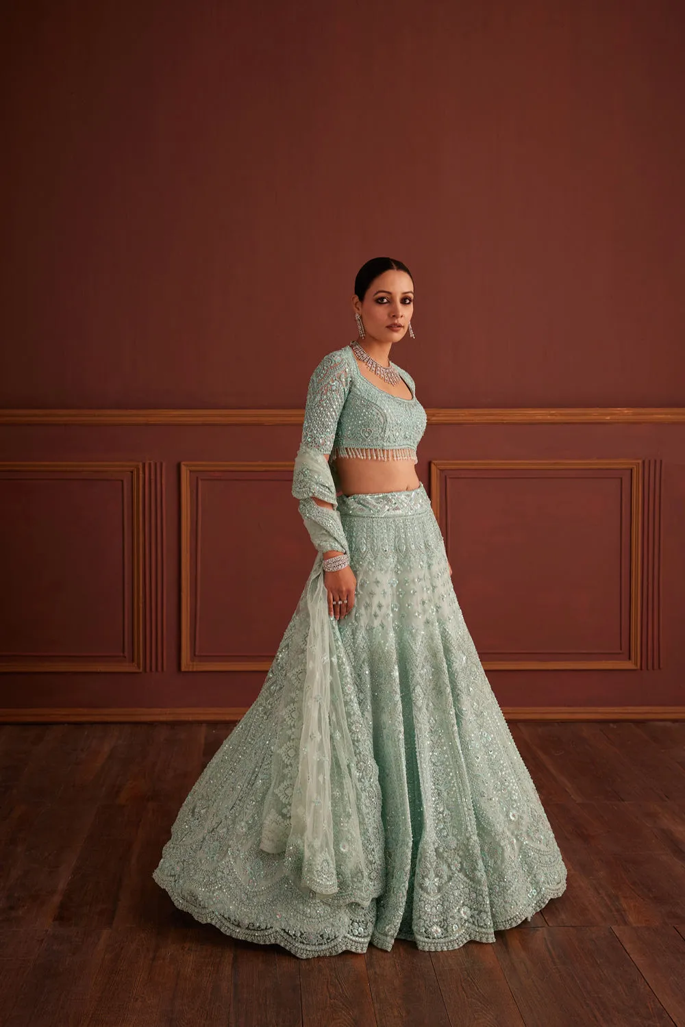 Blue Cutdana & Bead Embellished Lehenga