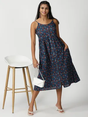 Blue Floral Print Cotton Button-Down Strappy Midi Dress