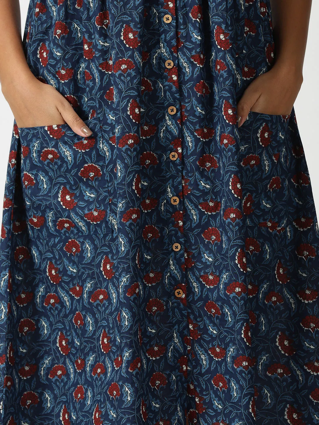 Blue Floral Print Cotton Button-Down Strappy Midi Dress