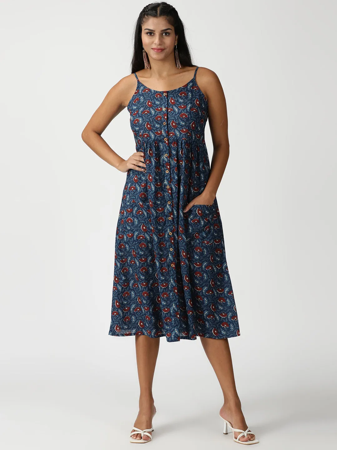 Blue Floral Print Cotton Button-Down Strappy Midi Dress