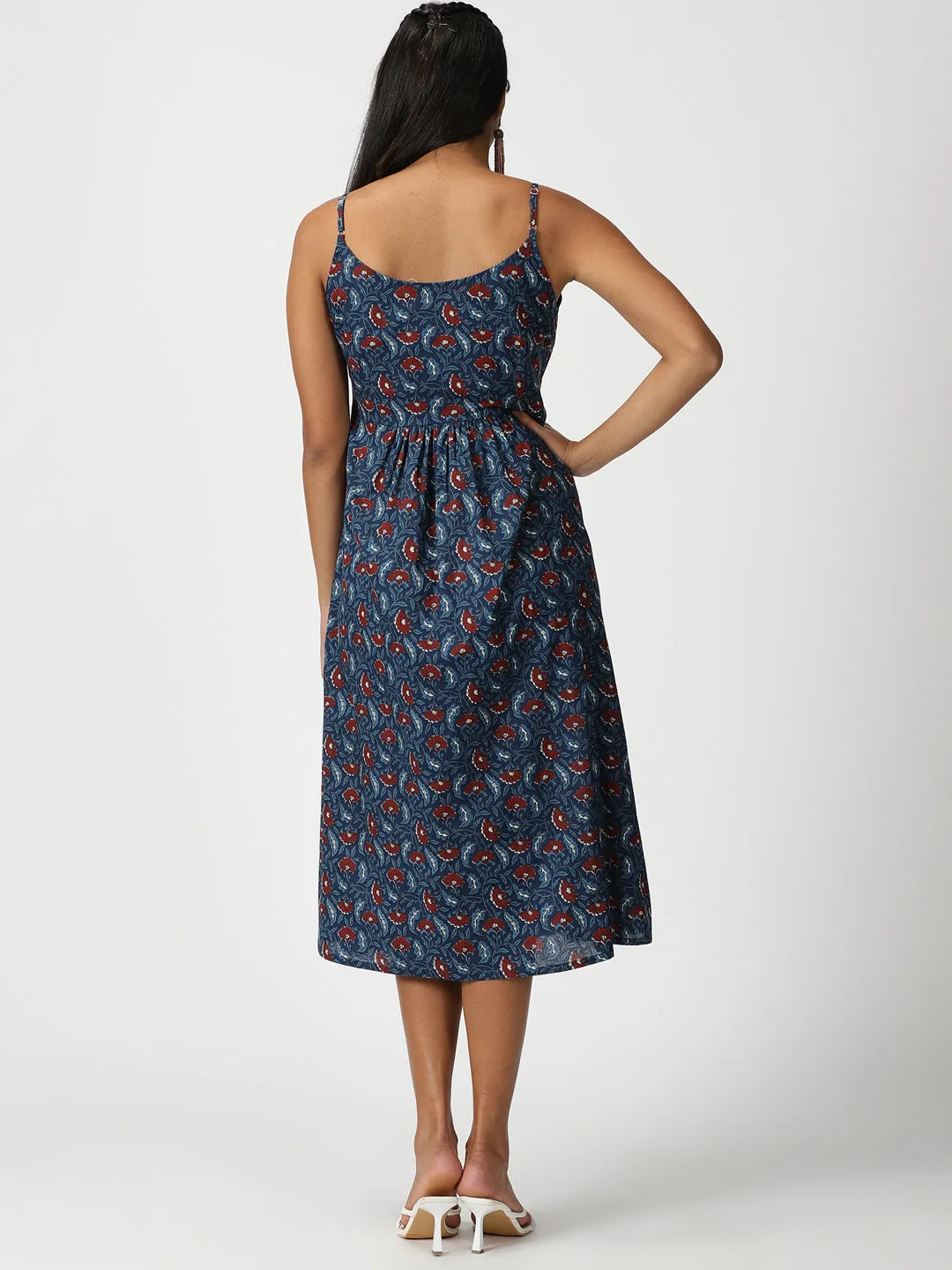 Blue Floral Print Cotton Button-Down Strappy Midi Dress
