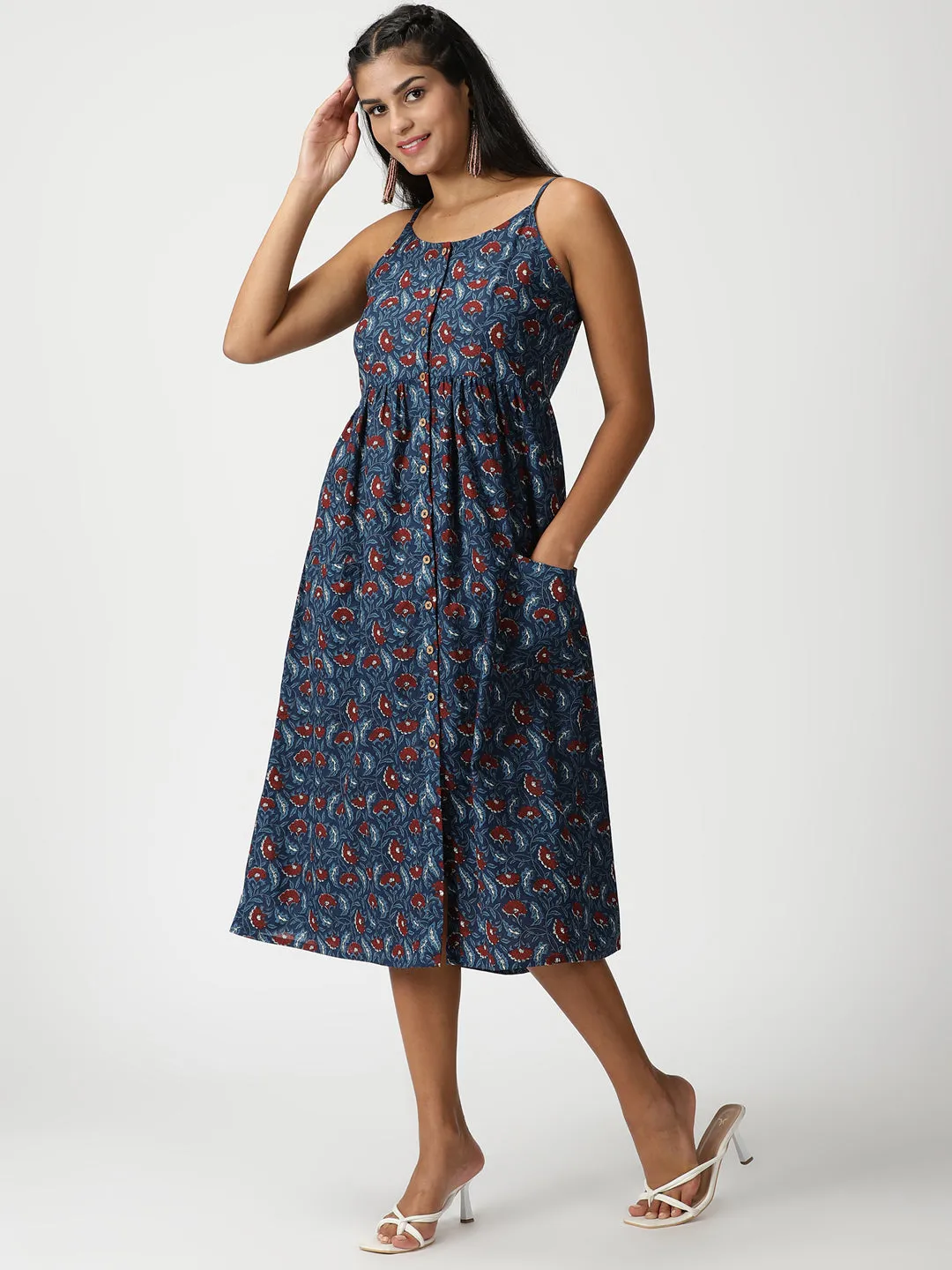 Blue Floral Print Cotton Button-Down Strappy Midi Dress