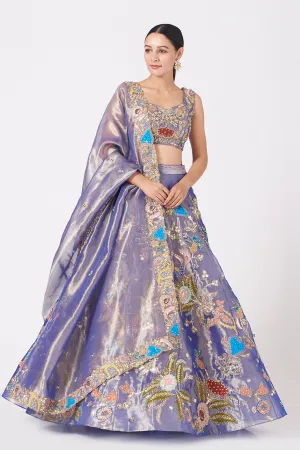 Blue Juna Tissue Appliquéd And Embellished Lehenga With Blouse And Cutwork Tissue Dupatta