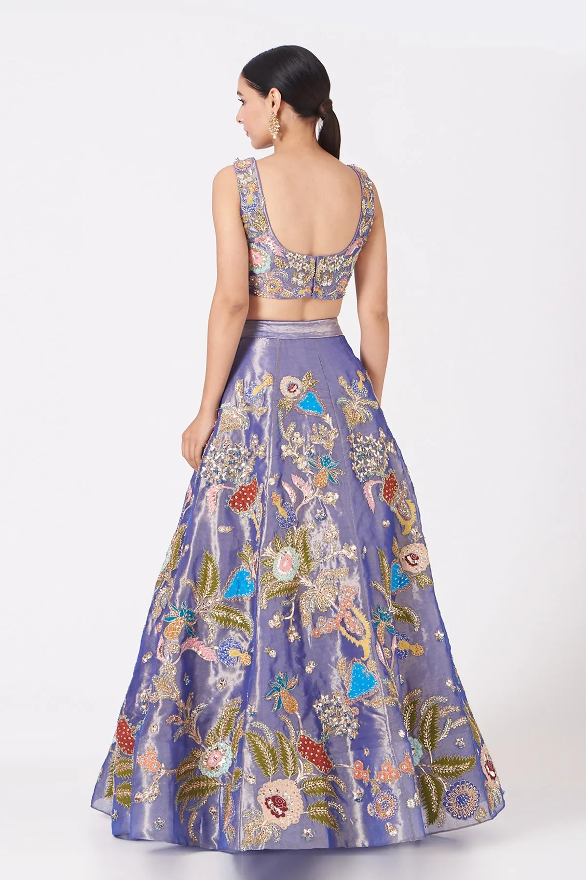Blue Juna Tissue Appliquéd And Embellished Lehenga With Blouse And Cutwork Tissue Dupatta
