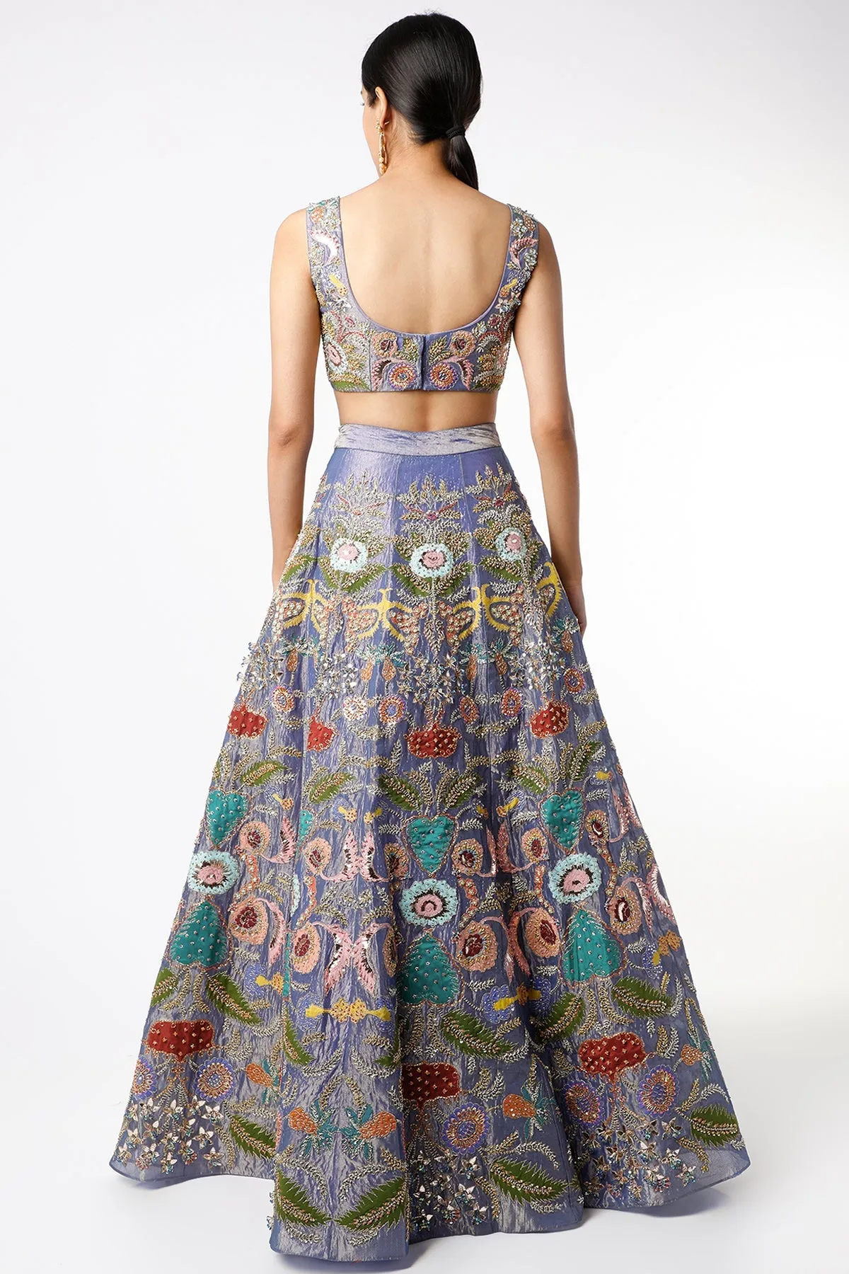 Blue Juna Tissue Appliquéd And Embellished Lehenga With Blouse And Cutwork Tissue Dupatta