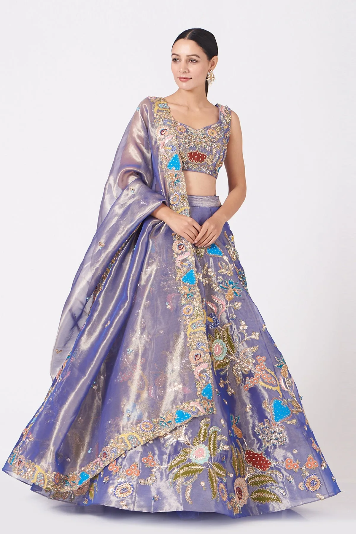 Blue Juna Tissue Appliquéd And Embellished Lehenga With Blouse And Cutwork Tissue Dupatta