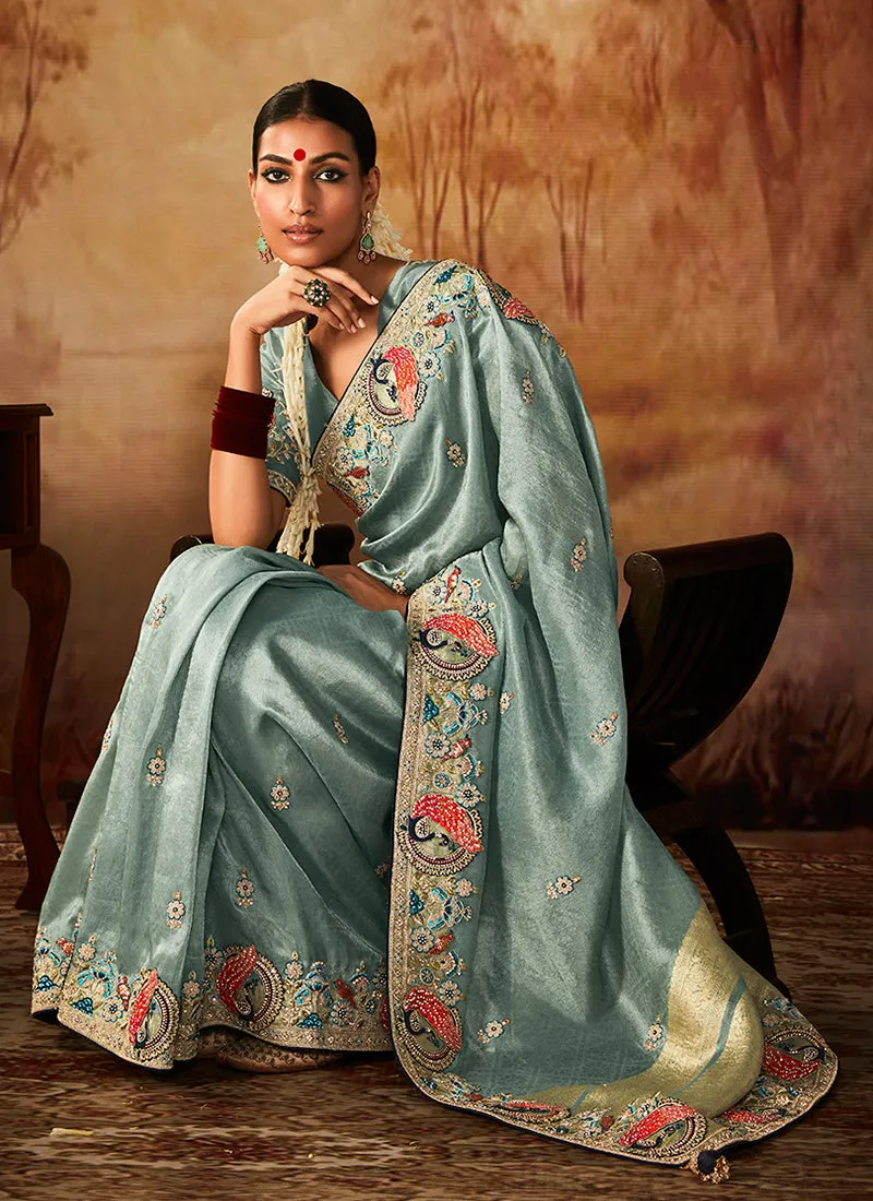 Blue Multi Embroidery Banarasi Kanjivaram Silk Saree