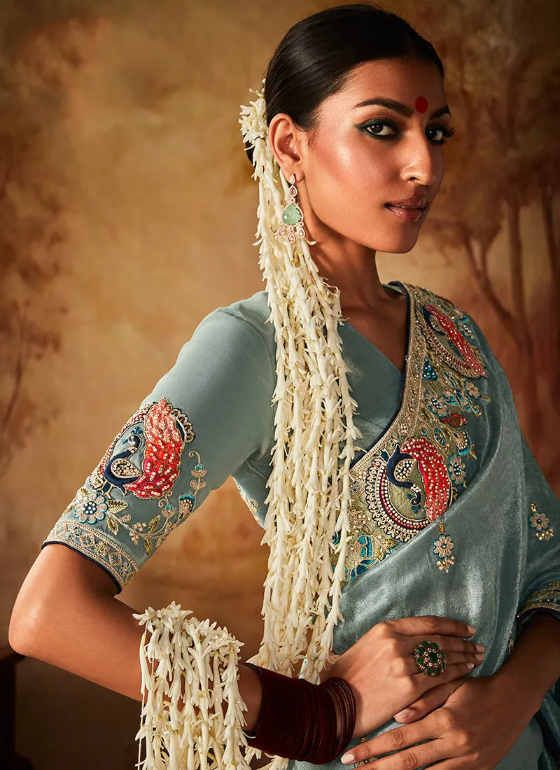 Blue Multi Embroidery Banarasi Kanjivaram Silk Saree