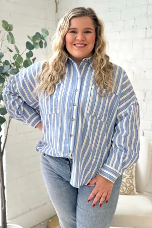 Blue Striped Dolman Sleeve Button Up Top