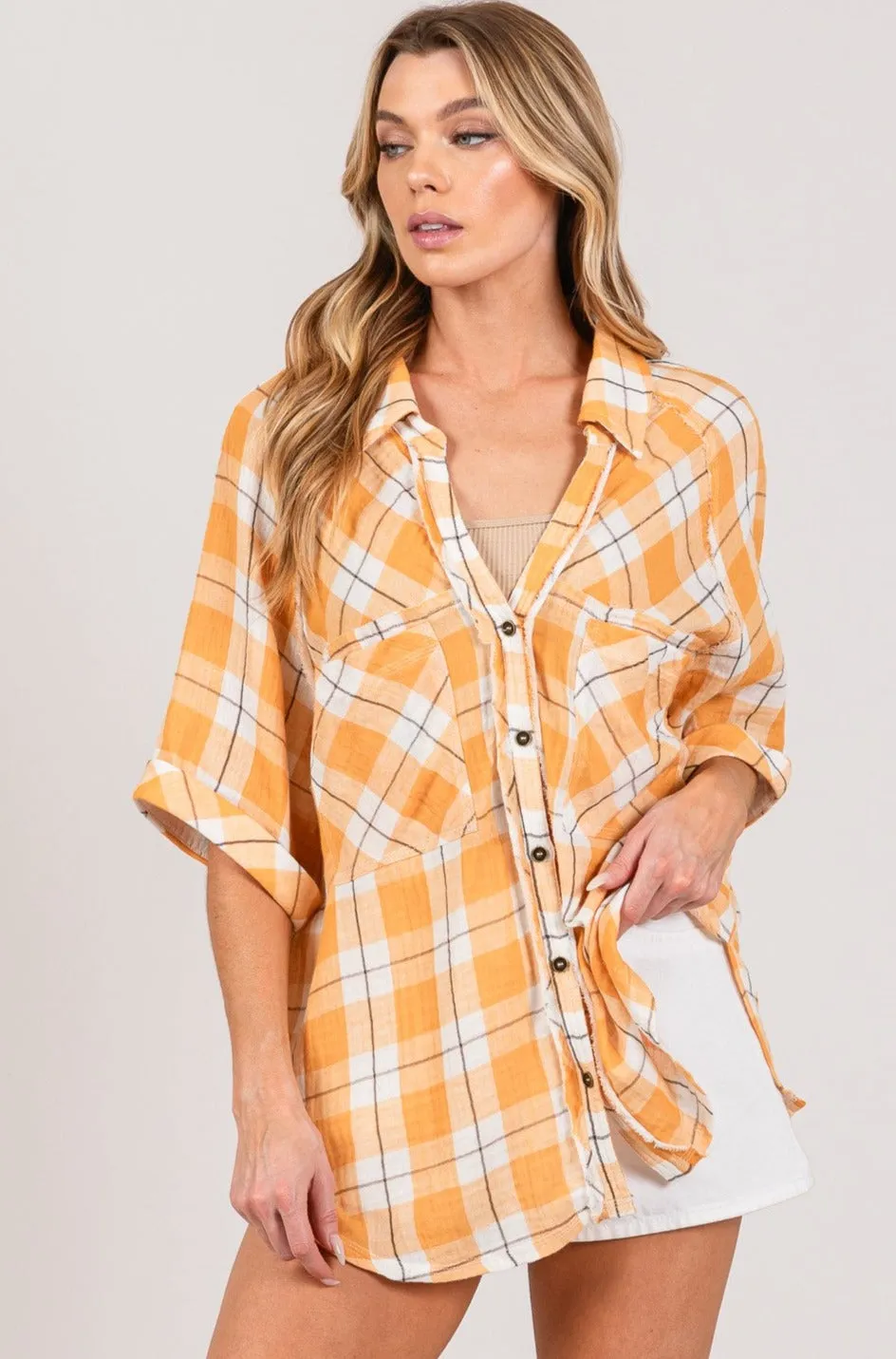 Boho Lovers Plaid Print Button Down Short Slv Blouse w Pockets