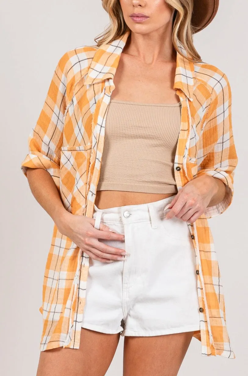 Boho Lovers Plaid Print Button Down Short Slv Blouse w Pockets