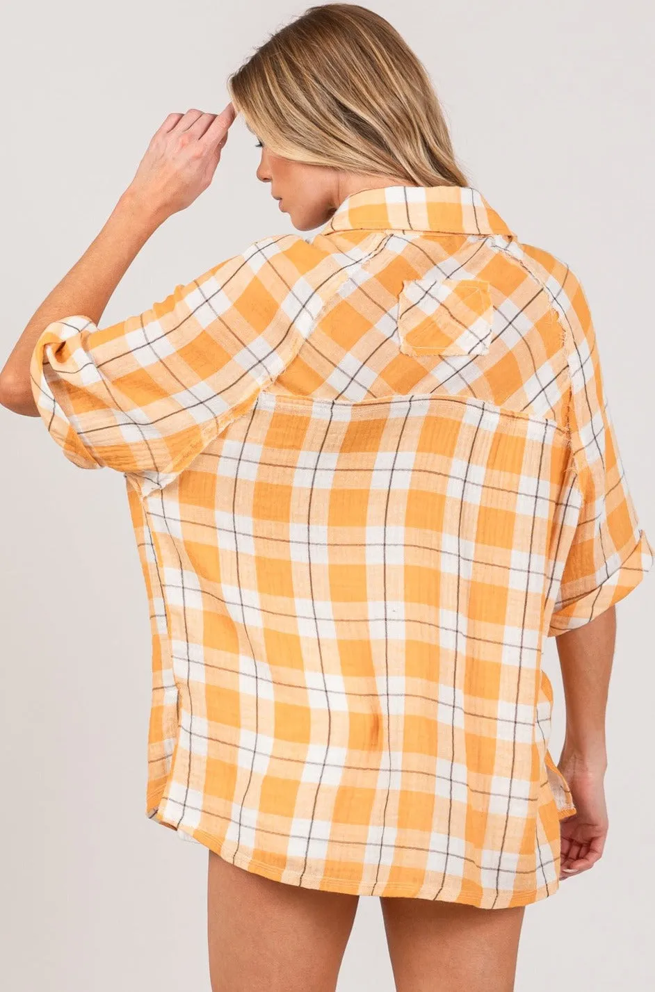 Boho Lovers Plaid Print Button Down Short Slv Blouse w Pockets