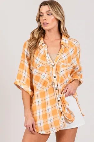 Boho Lovers Plaid Print Button Down Short Slv Blouse w Pockets