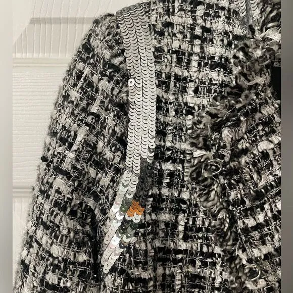 Boston Proper Size 4 Black &amp; White Silver Sequins Shimmer Tweed Parisian Jacket