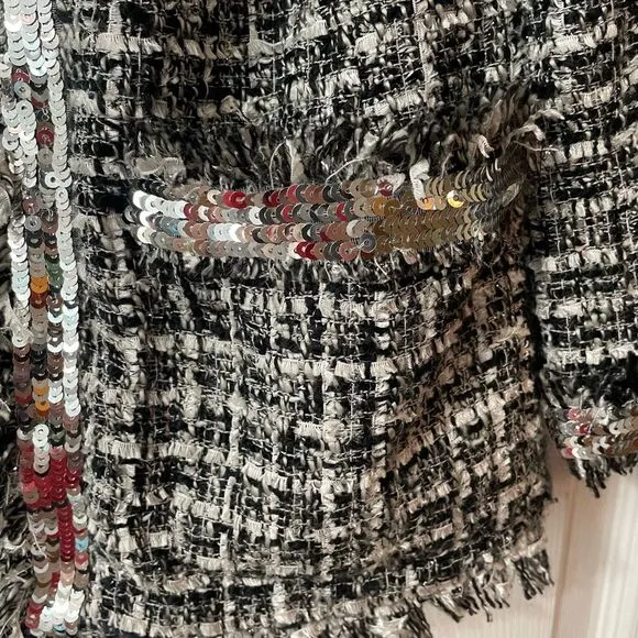 Boston Proper Size 4 Black &amp; White Silver Sequins Shimmer Tweed Parisian Jacket