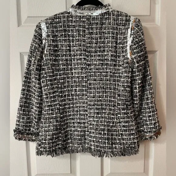 Boston Proper Size 4 Black &amp; White Silver Sequins Shimmer Tweed Parisian Jacket