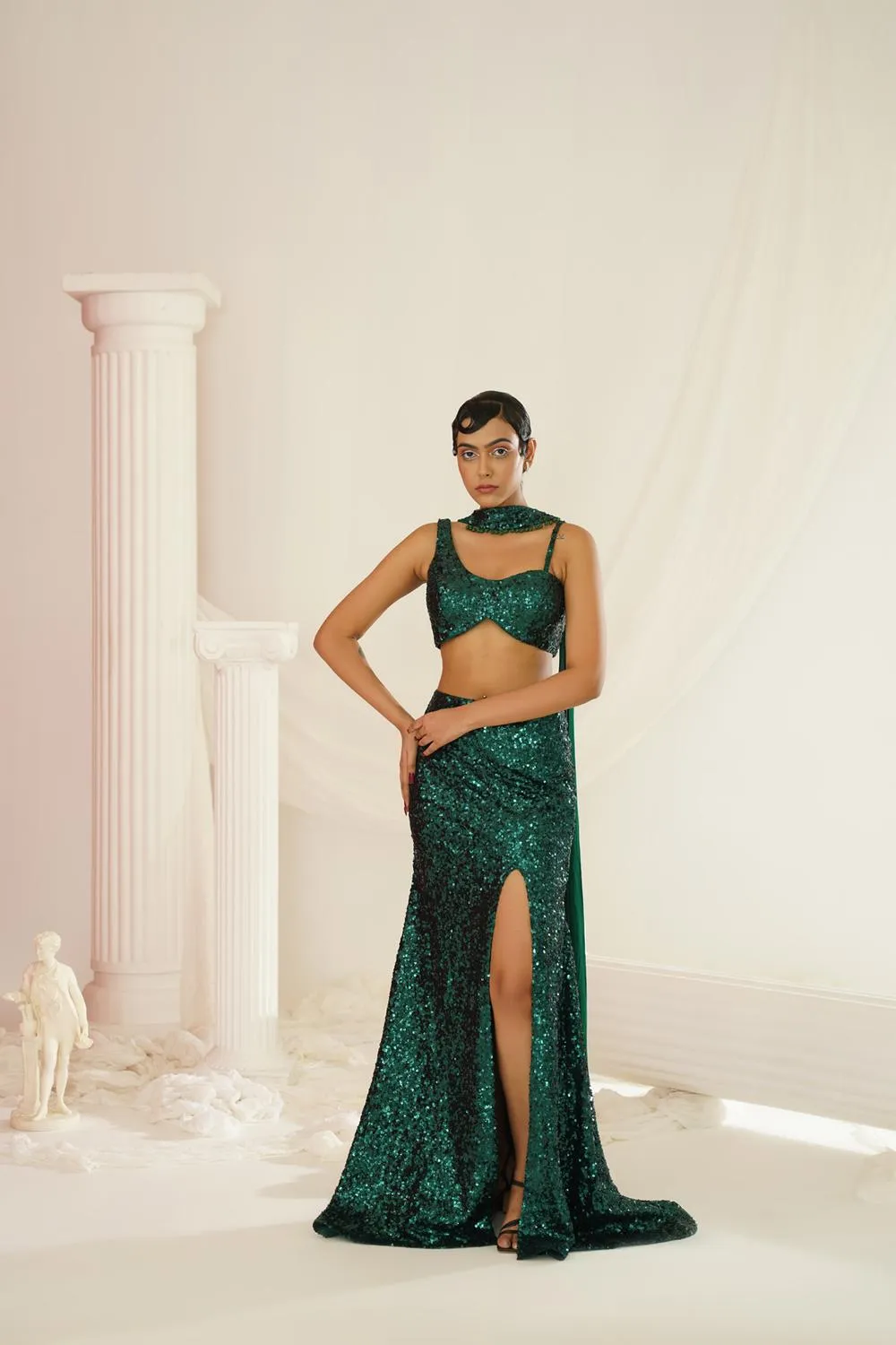 Bottle Green Embellished Choli, Skirt And Chokar Dupatta