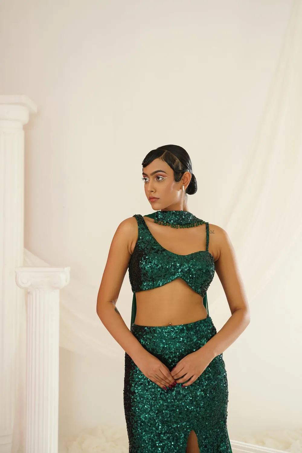 Bottle Green Embellished Choli, Skirt And Chokar Dupatta