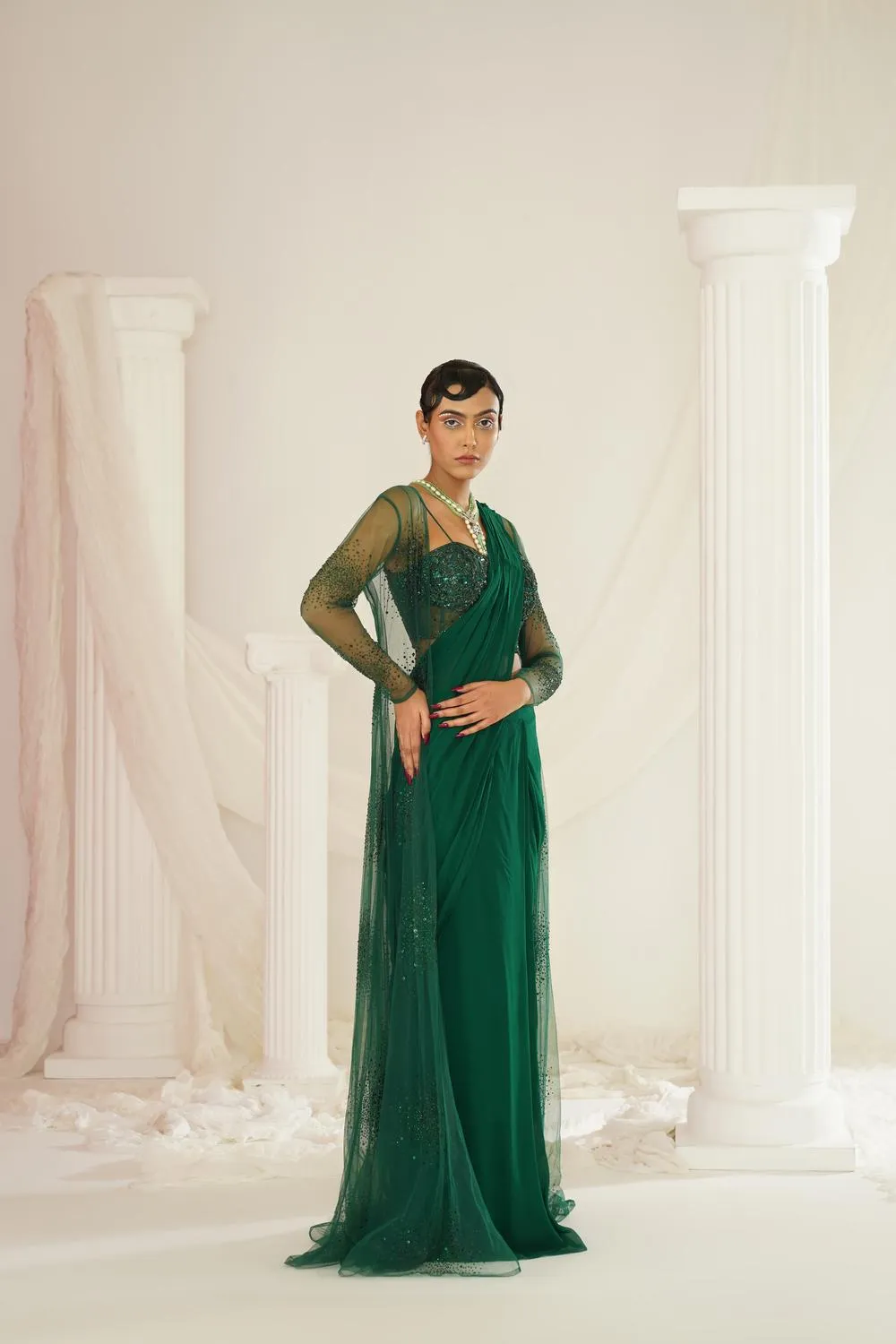Bottle Green Embellished Corset Blouse, Ready To Wear Saree And Long Jacket