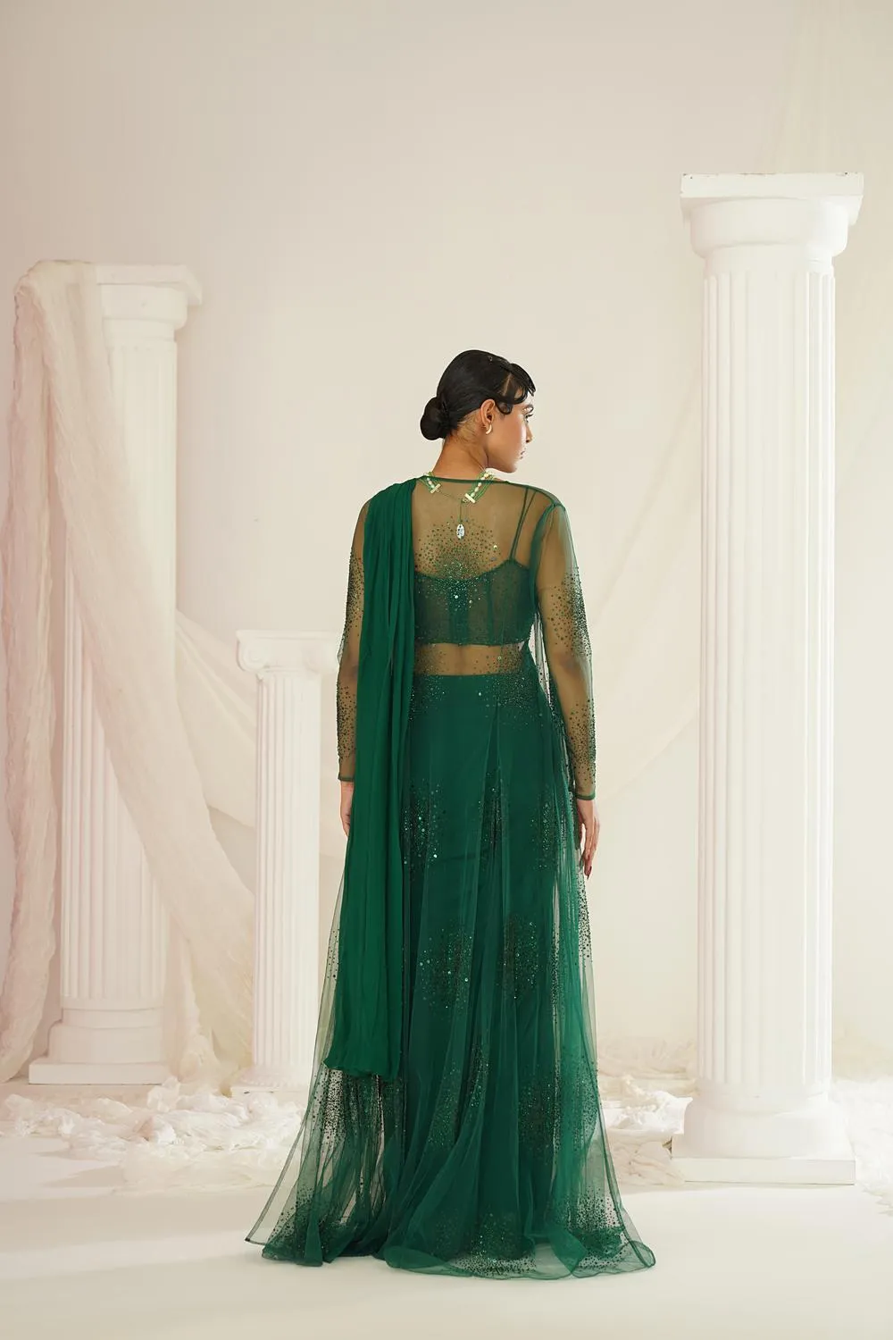 Bottle Green Embellished Corset Blouse, Ready To Wear Saree And Long Jacket