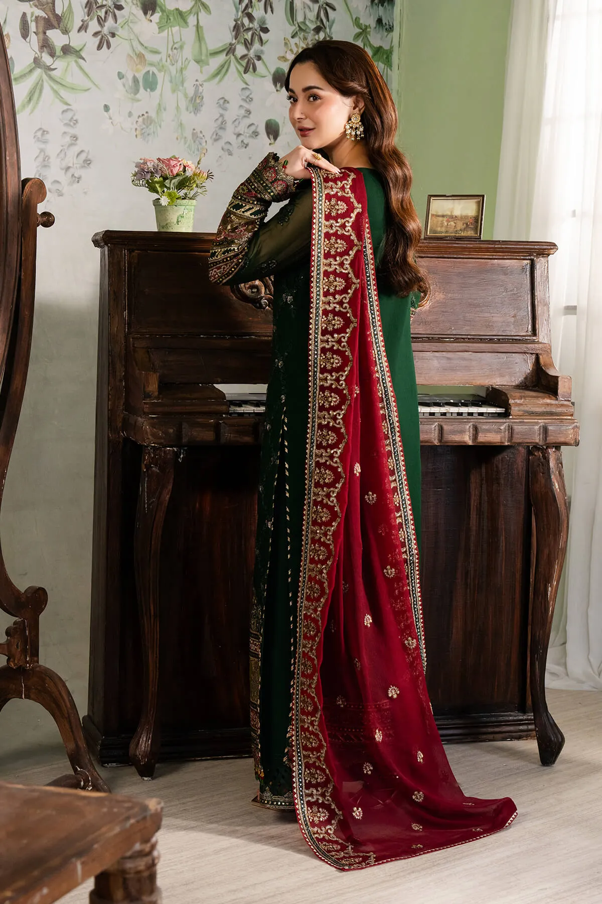 Bottle Green Heavily Embroidered Pakistani Salwar Kameez Party Suit