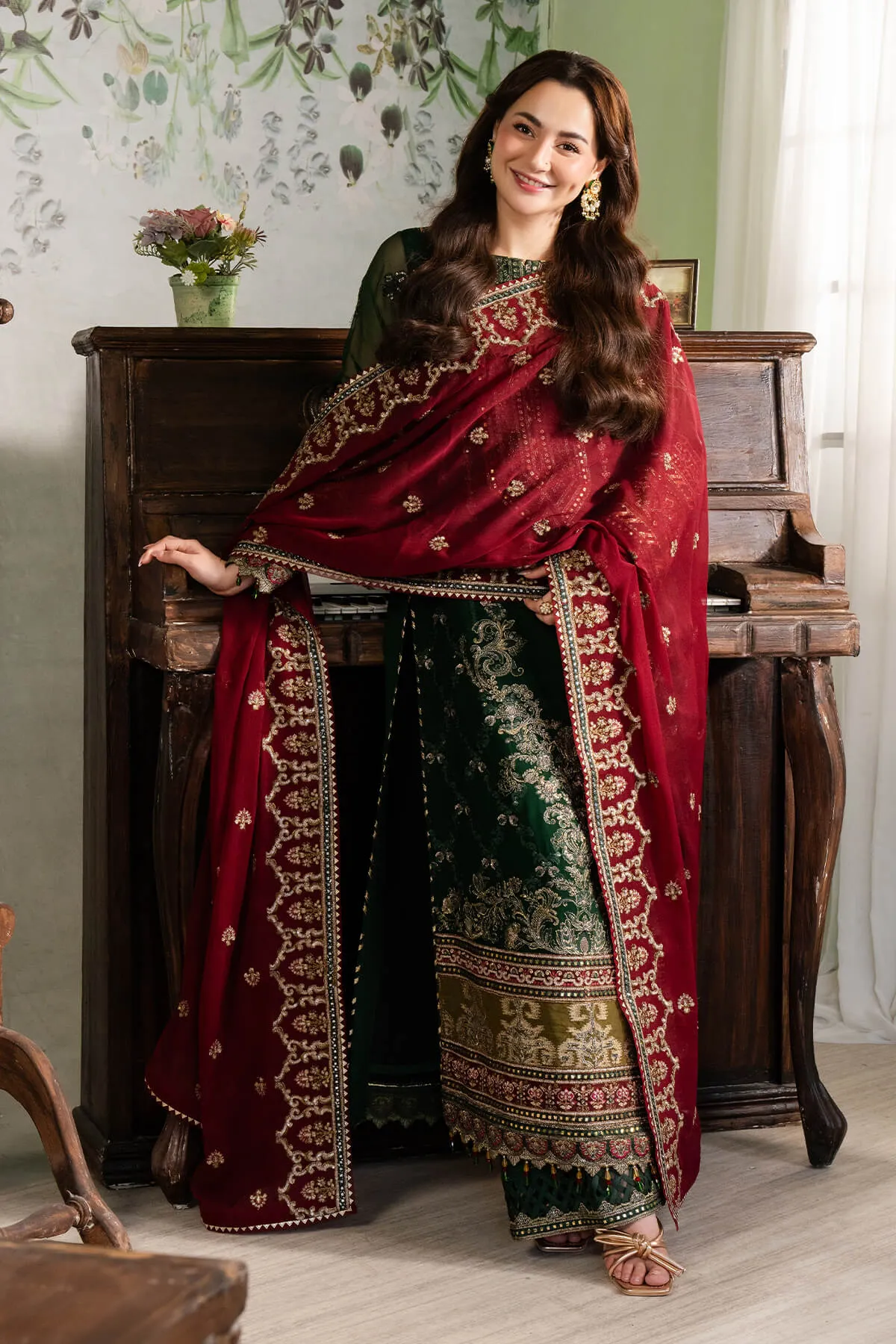 Bottle Green Heavily Embroidered Pakistani Salwar Kameez Party Suit