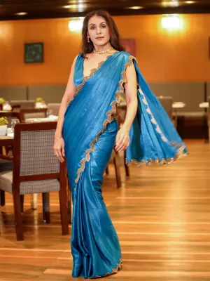 Bridal Posh Blue Saree with Bronze Leaf Hand Stitched Lace with Blouse Fabric