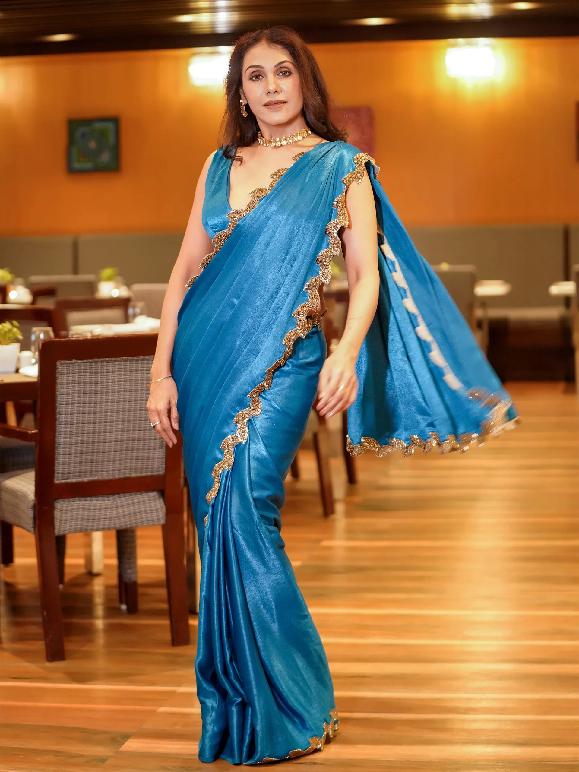 Bridal Posh Blue Saree with Bronze Leaf Hand Stitched Lace with Blouse Fabric