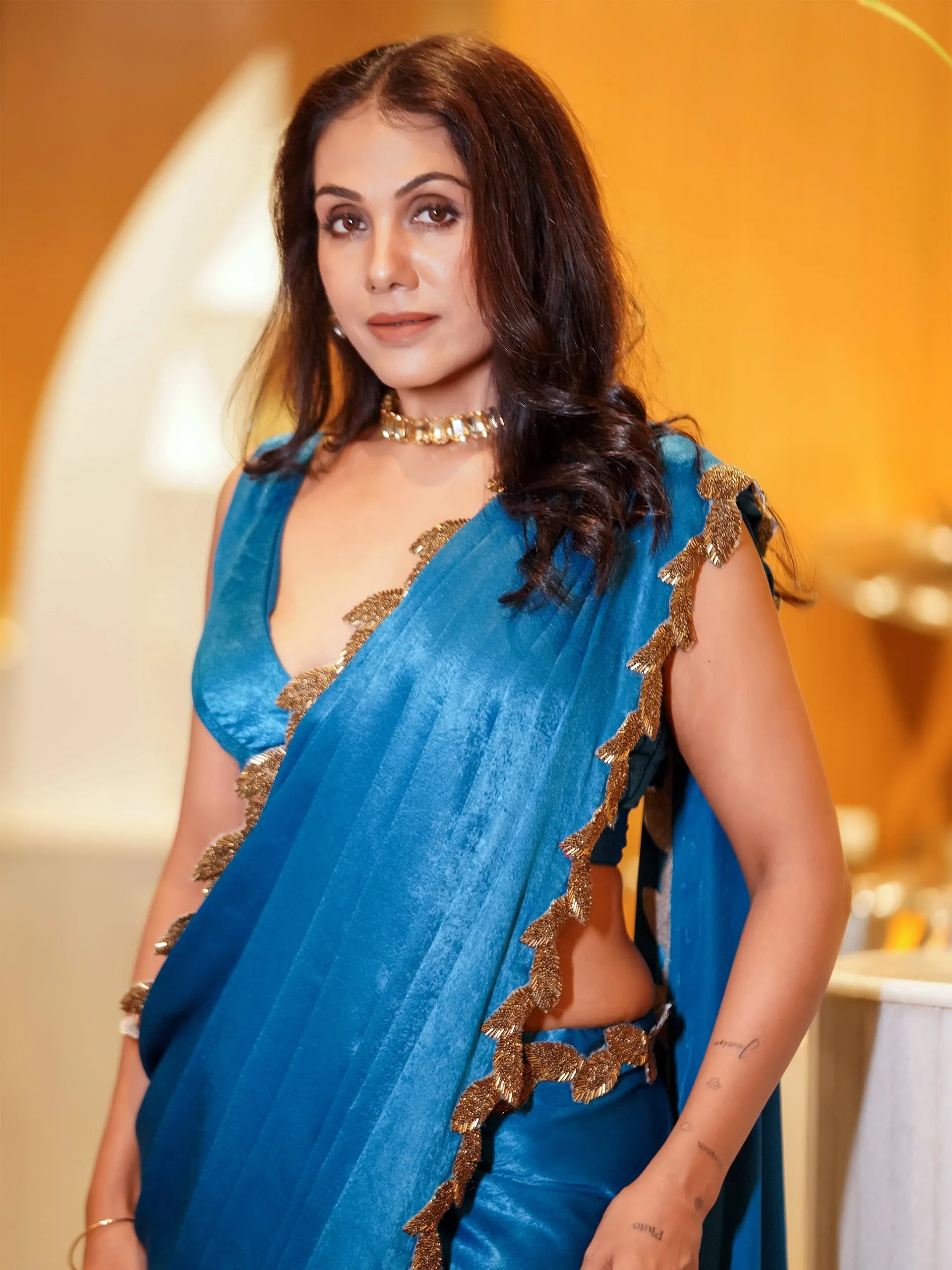 Bridal Posh Blue Saree with Bronze Leaf Hand Stitched Lace with Blouse Fabric