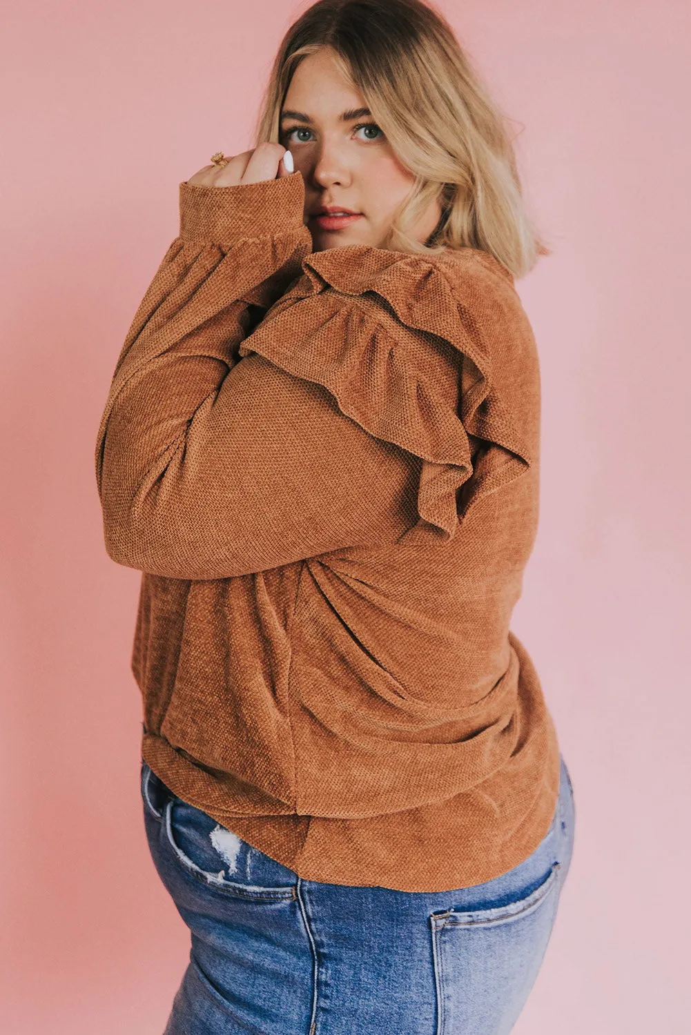 Brown Plus Size Ruffled Long Sleeve Top