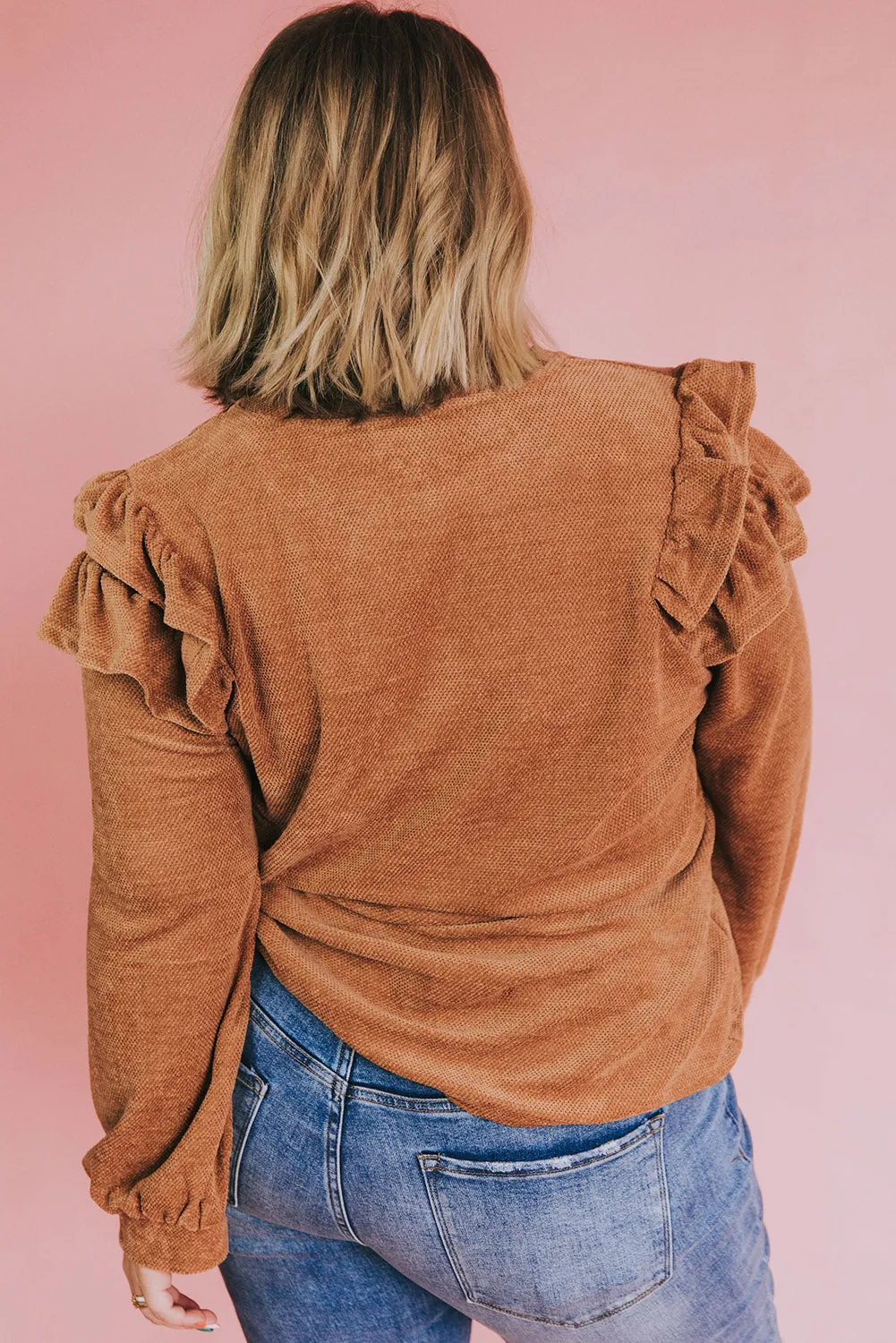 Brown Plus Size Ruffled Long Sleeve Top