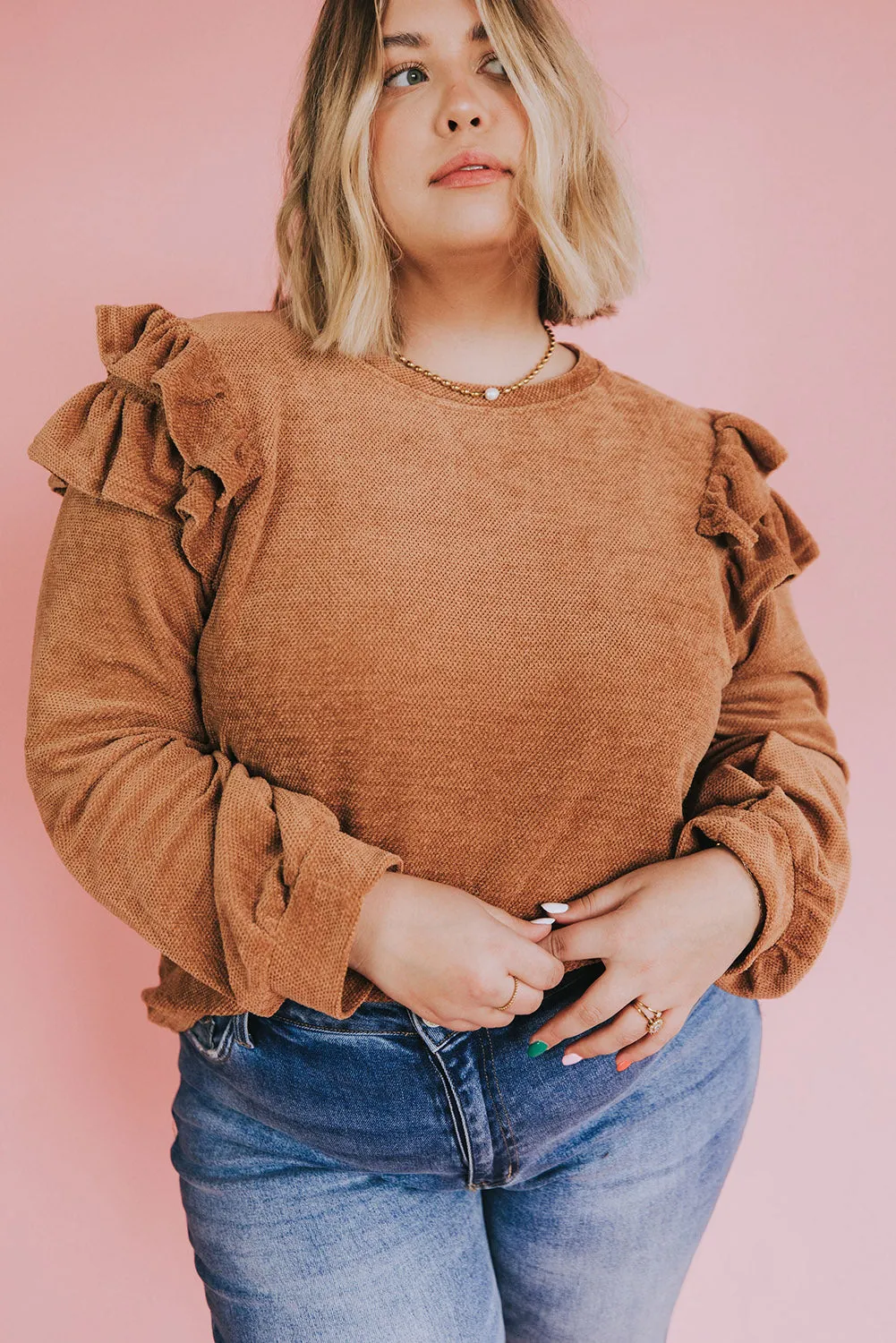 Brown Plus Size Ruffled Long Sleeve Top