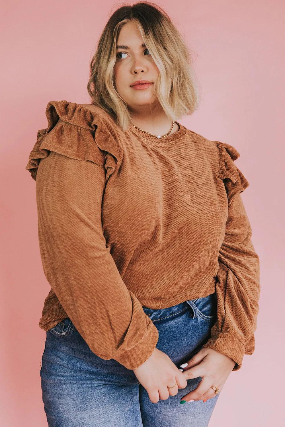 Brown Plus Size Ruffled Long Sleeve Top