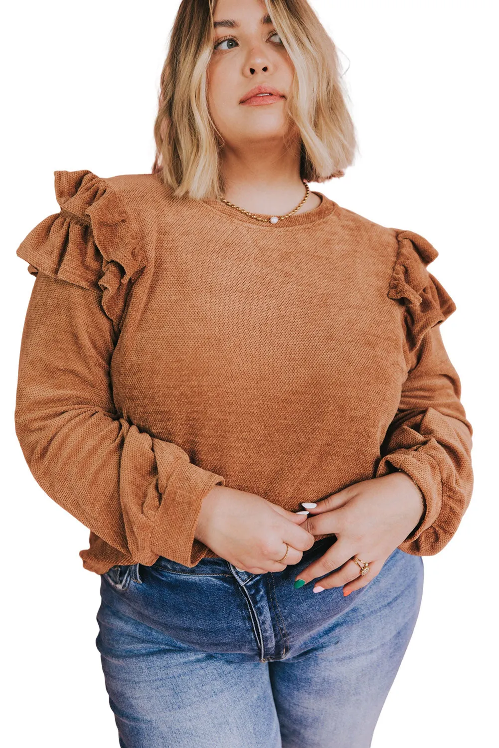 Brown Plus Size Ruffled Long Sleeve Top