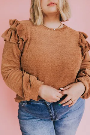 Brown Plus Size Ruffled Long Sleeve Top