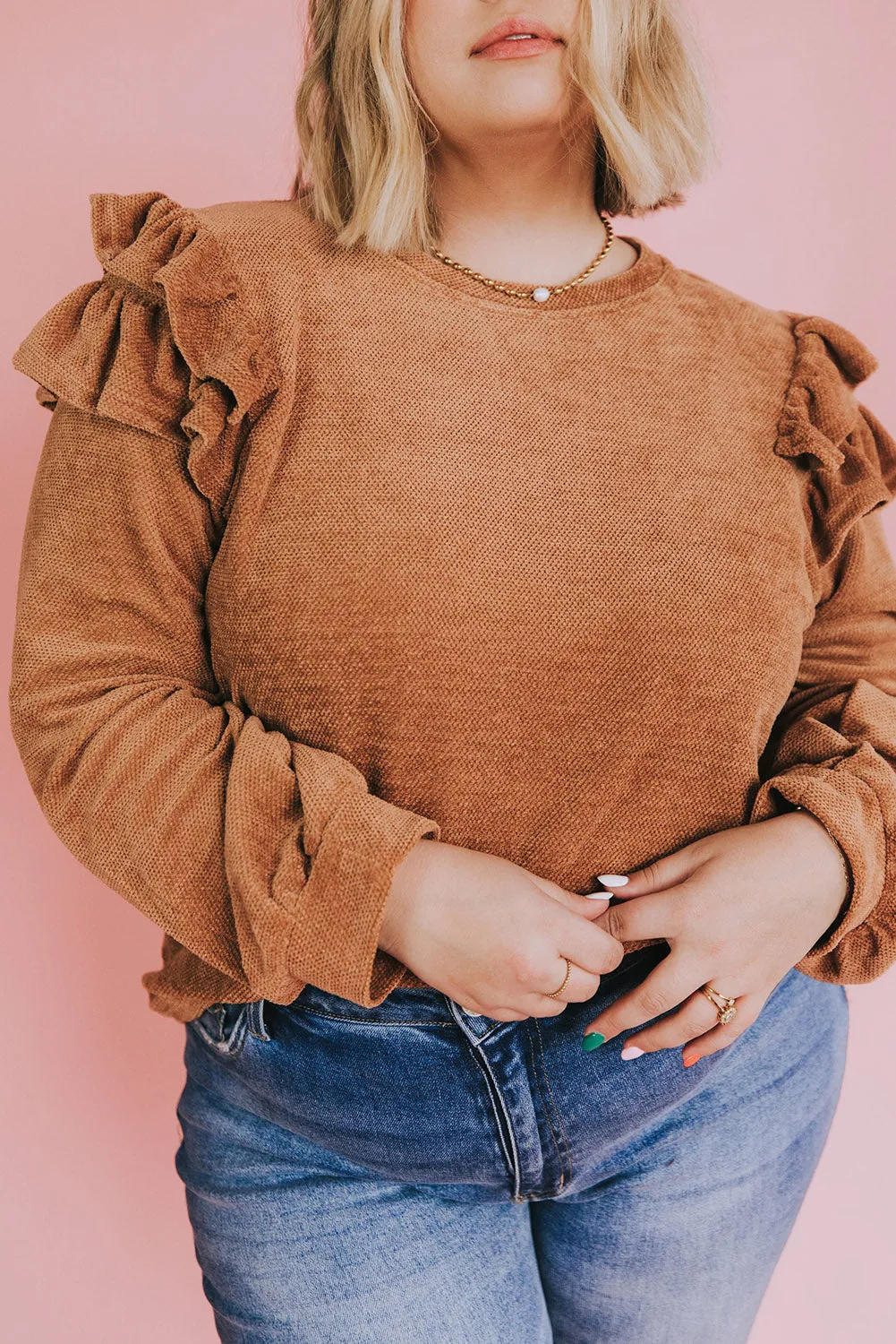 Brown Plus Size Ruffled Long Sleeve Top