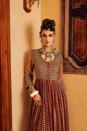 Brown Printed  & Embroidered Dress