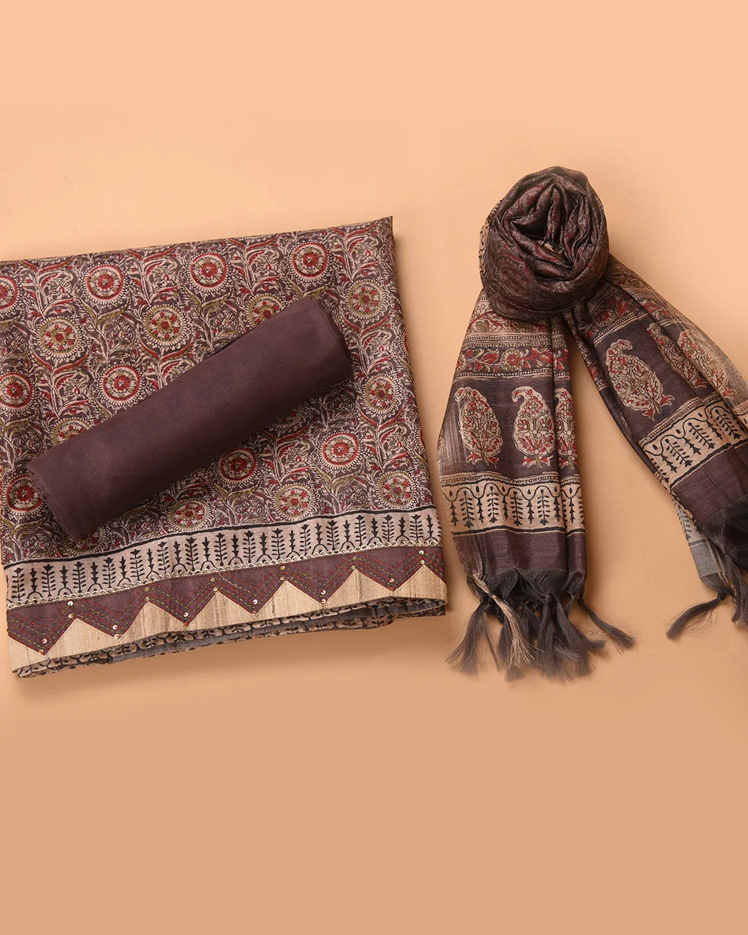 Brown With Beige Chanderi Silk Blend Printed With Embroidery Unstitched Suit Fabric Set With Chanderi Dupatta