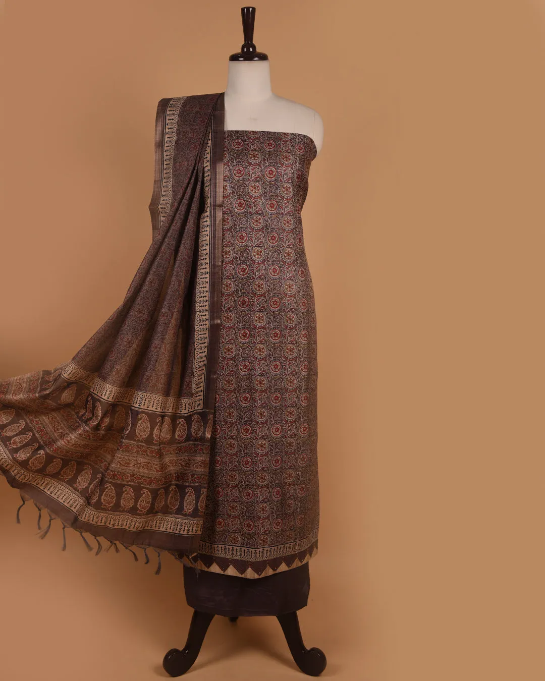 Brown With Beige Chanderi Silk Blend Printed With Embroidery Unstitched Suit Fabric Set With Chanderi Dupatta
