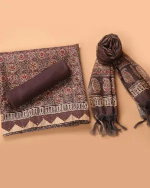 Brown With Beige Chanderi Silk Blend Printed With Embroidery Unstitched Suit Fabric Set With Chanderi Dupatta