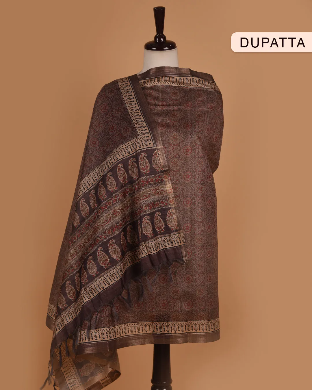 Brown With Beige Chanderi Silk Blend Printed With Embroidery Unstitched Suit Fabric Set With Chanderi Dupatta