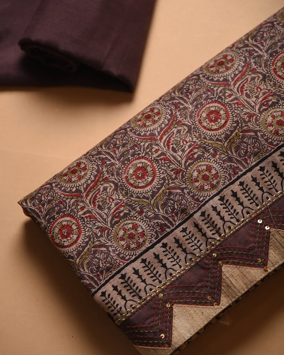 Brown With Beige Chanderi Silk Blend Printed With Embroidery Unstitched Suit Fabric Set With Chanderi Dupatta