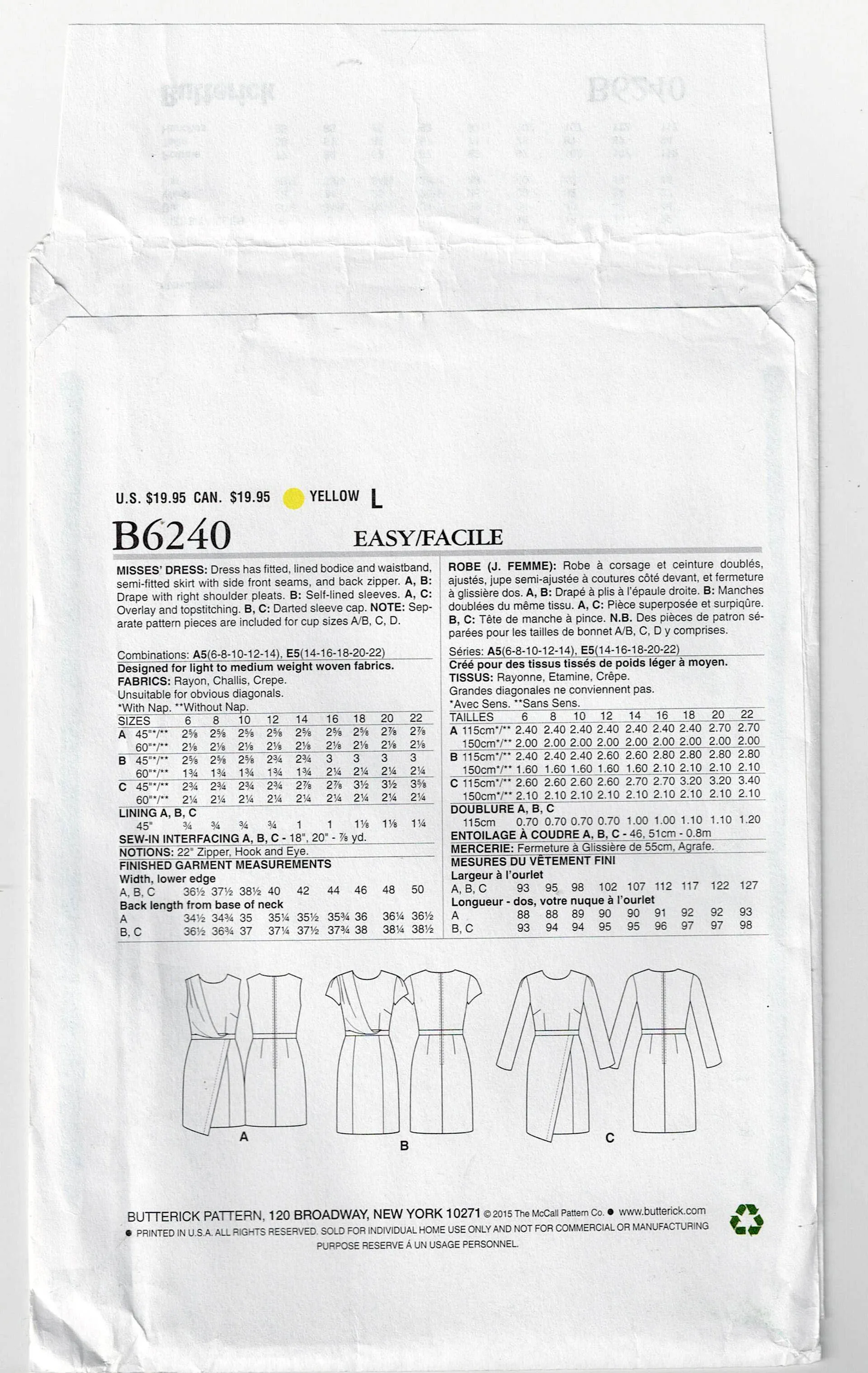 Butterick 6240 Womens Asymmetric Draped Bodice Dress Out Of Print Sewing Pattern Sizes 6 - 14 UNCUT Factory Folded