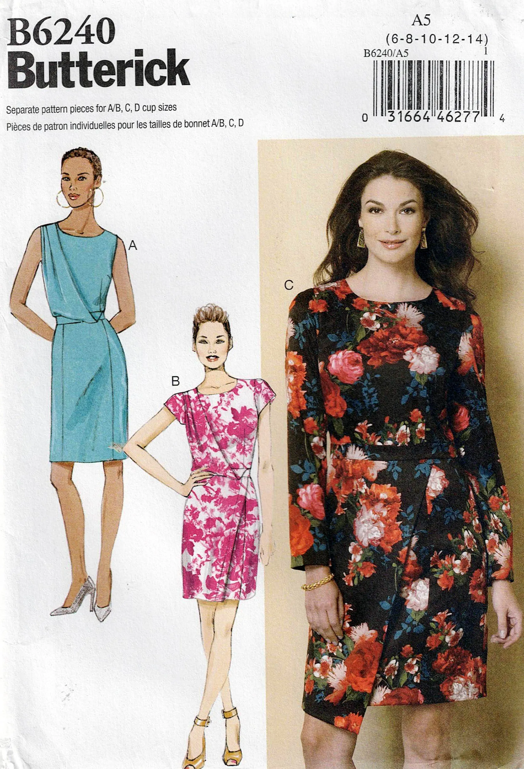 Butterick 6240 Womens Asymmetric Draped Bodice Dress Out Of Print Sewing Pattern Sizes 6 - 14 UNCUT Factory Folded
