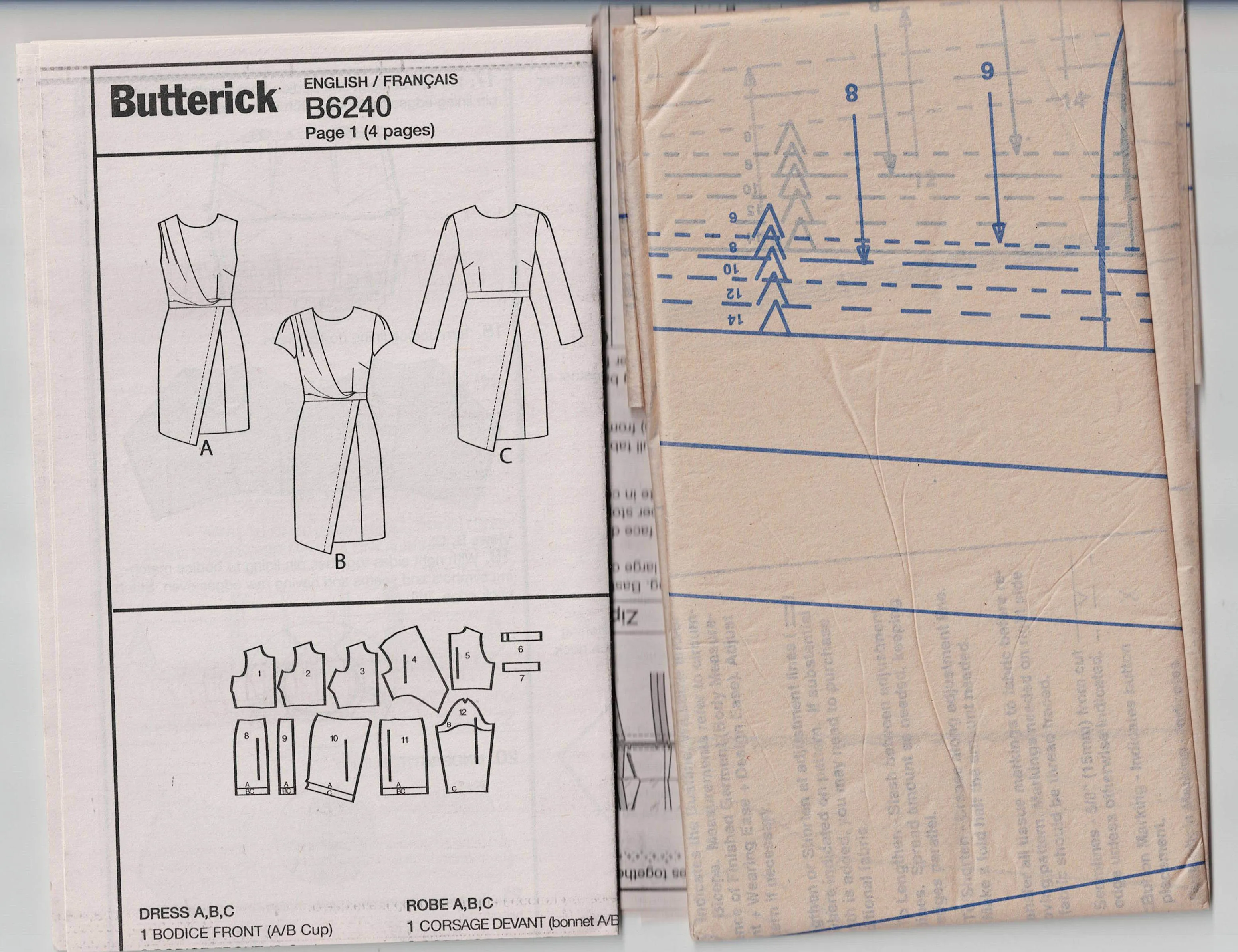Butterick 6240 Womens Asymmetric Draped Bodice Dress Out Of Print Sewing Pattern Sizes 6 - 14 UNCUT Factory Folded