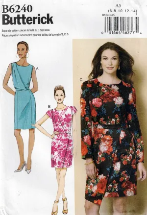 Butterick 6240 Womens Asymmetric Draped Bodice Dress Out Of Print Sewing Pattern Sizes 6 - 14 UNCUT Factory Folded