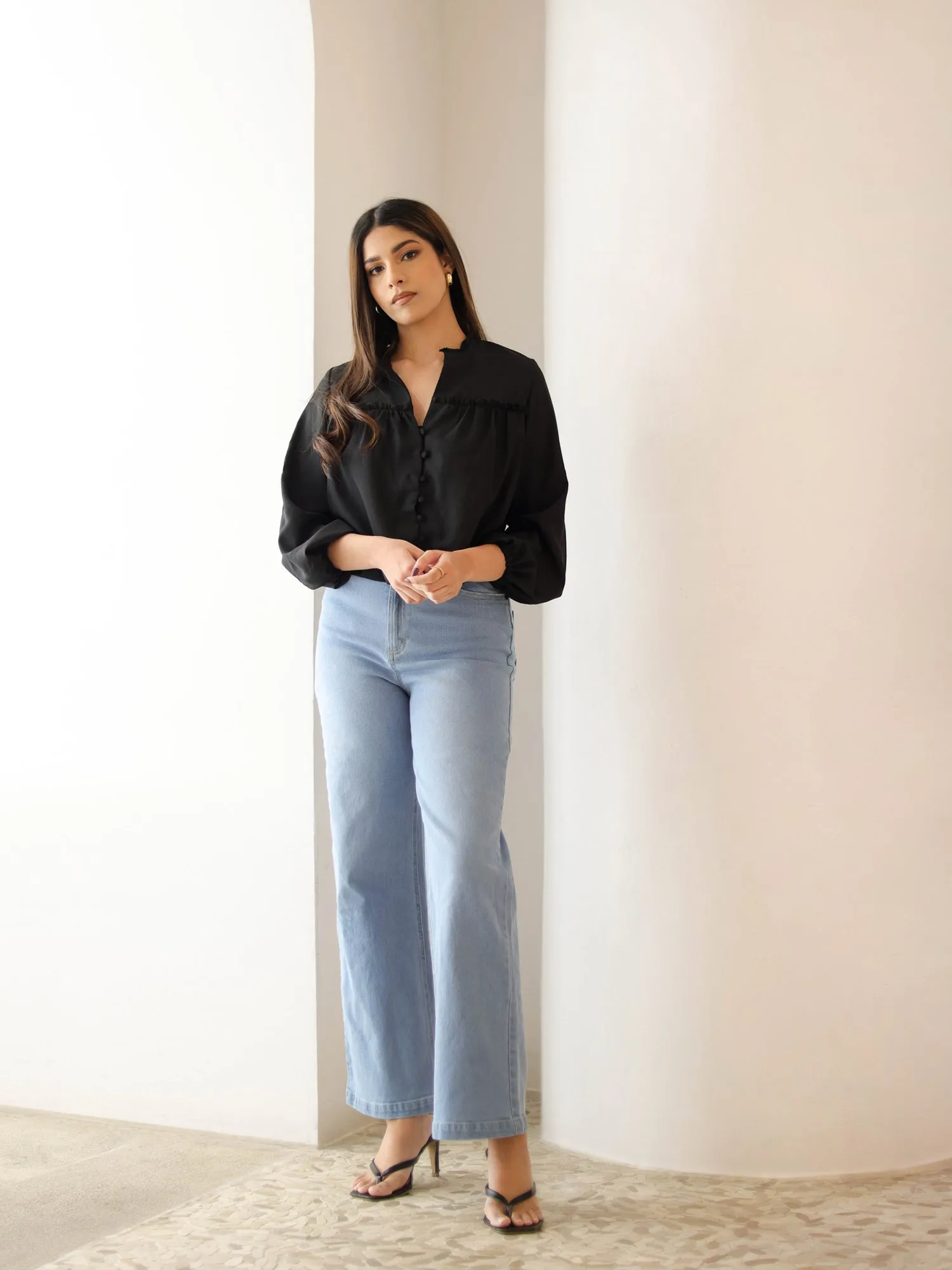 Button Down Balloon Sleeve Top